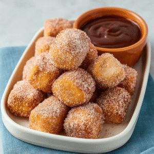 Sweet air fryer churro bites coated in cinnamon sugar on a white plate with chocolate dipping sauce, golden crispy outside and pillowy inside