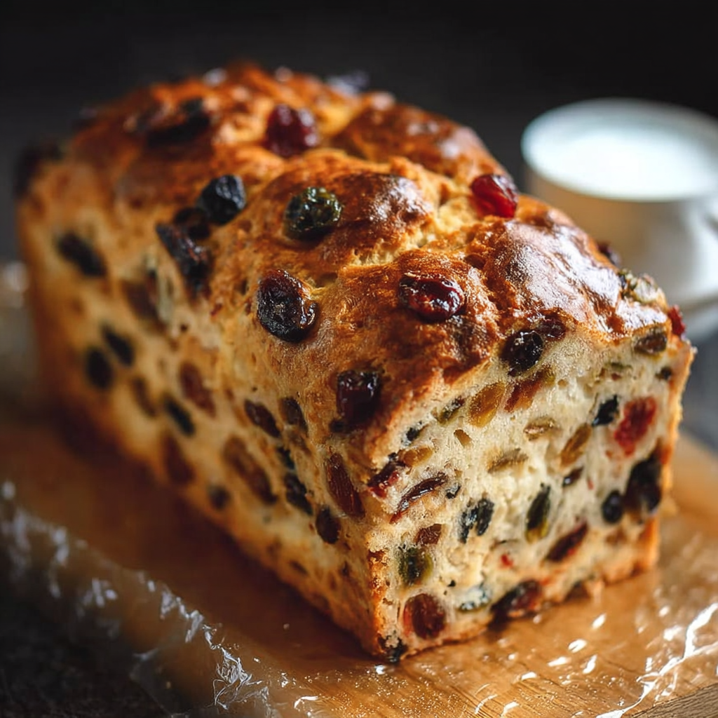 Close-up of fruit bread slice showing tender crumb studded with fresh blueberries, raspberries, banana chunks, golden top with sugar crust