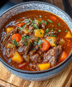 Classic homemade beef stew in a rustic blue bowl with chunks of tender beef, carrots, potatoes, celery in deep brown gravy, garnished with parsley
