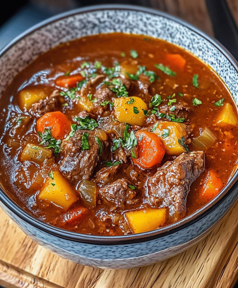 Classic homemade beef stew in a rustic blue bowl with chunks of tender beef, carrots, potatoes, celery in deep brown gravy, garnished with parsley
