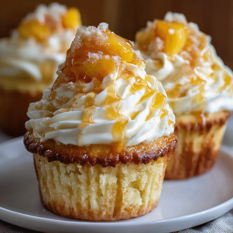 Honey peach cream cheese cupcakes on a white platter with cream cheese frosting swirls, honey-glazed peach pieces on top, golden honey drizzle