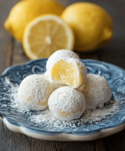 Lemon truffles on a marble surface dusted with powdered sugar, pale yellow centers visible, lemon zest scattered around, fresh lemon halves