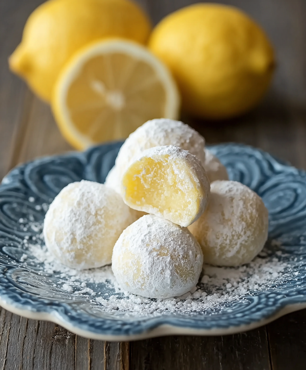 Close-up of a lemon truffle cut in half showing creamy white chocolate-lemon center, powdered sugar coating, bright yellow zest flecks
