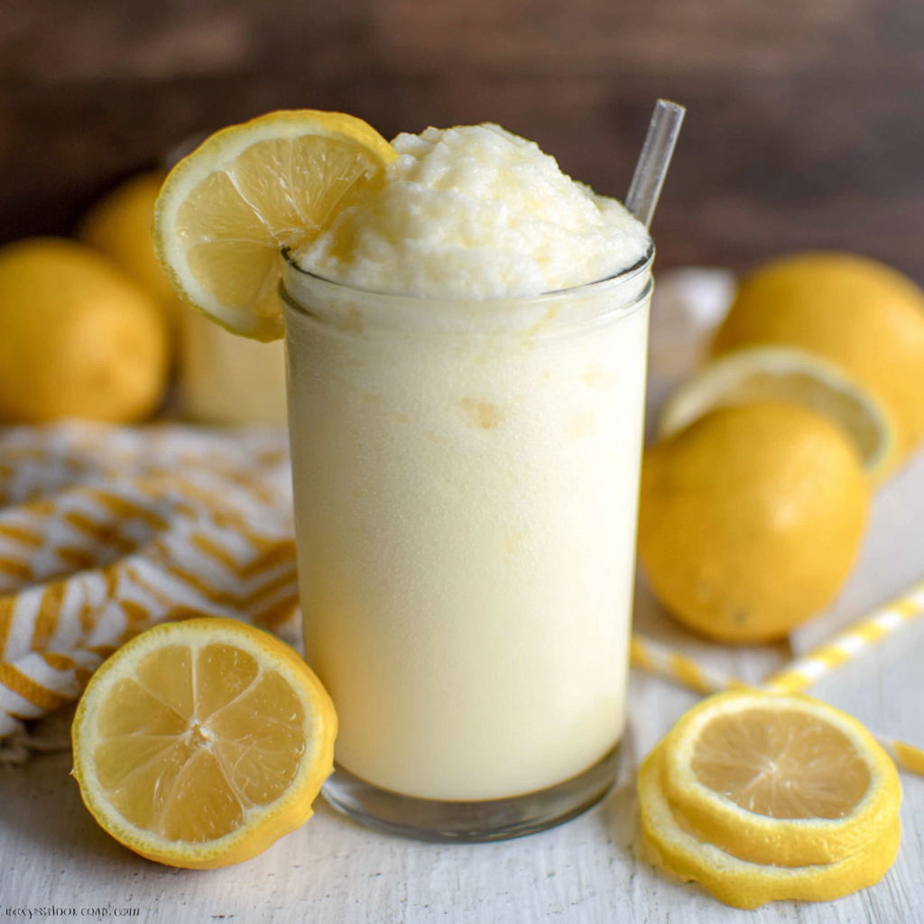 Close-up of frosted lemonade showing creamy thick consistency, swirl of vanilla ice cream visible, fresh lemon zest sprinkled, condensation on glass