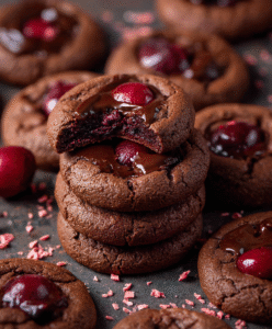 Chocolate cherry cookies stacked on a dark surface with fudgy chocolate cookies, glossy chocolate ganache pools, whole cherries on top