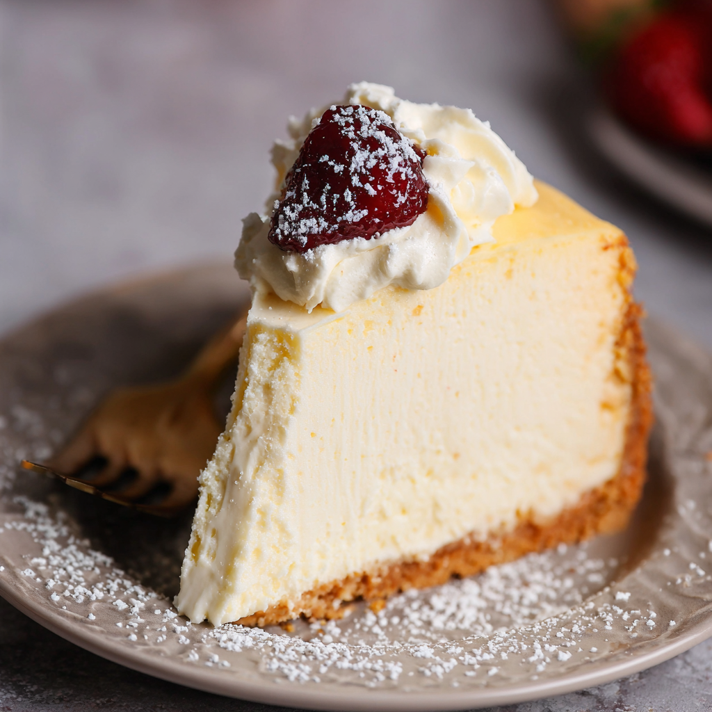 Close-up of NY cheesecake slice with smooth crackless top, dense creamy texture, buttery graham base, fork digging in with cream cheese clinging