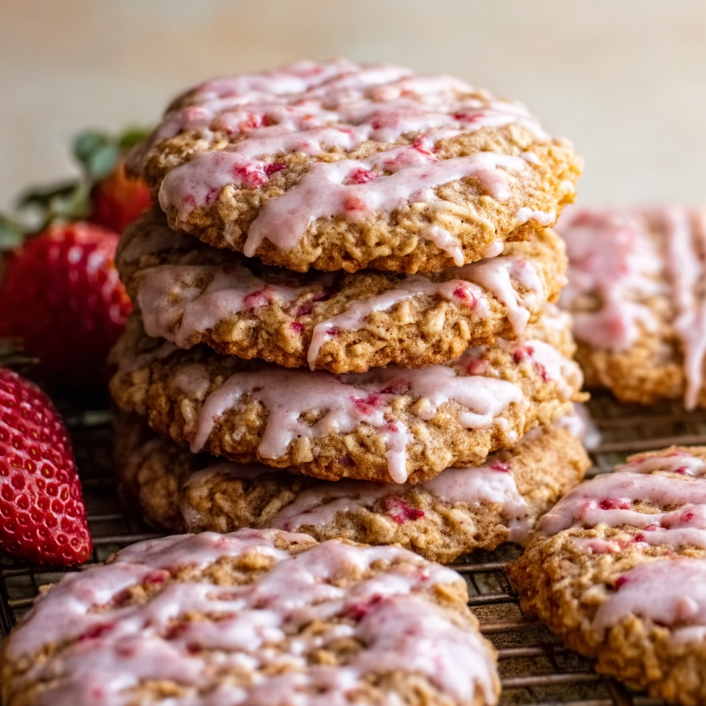 Strawberry Iced Oatmeal Cookies (Chewy Oatmeal Cookies With Pink Strawberry Glaze, 40 Min)