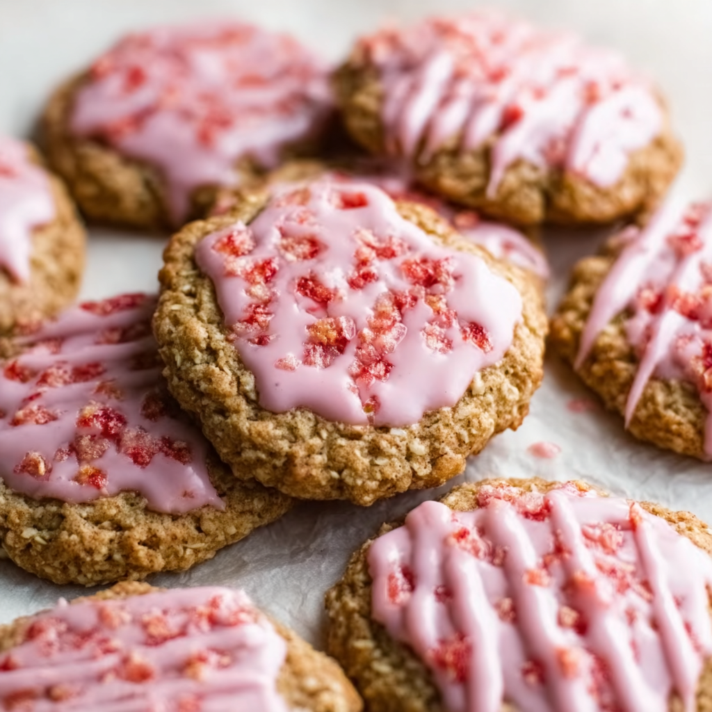 Close-up of one iced oatmeal cookie showing chewy oat texture, pale pink strawberry glaze pooling on top, freeze-dried strawberry bits sprinkled