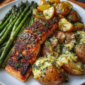 Spiced salmon fillet on a plate with cheesy smashed potatoes, roasted asparagus, fresh herbs, glistening with butter