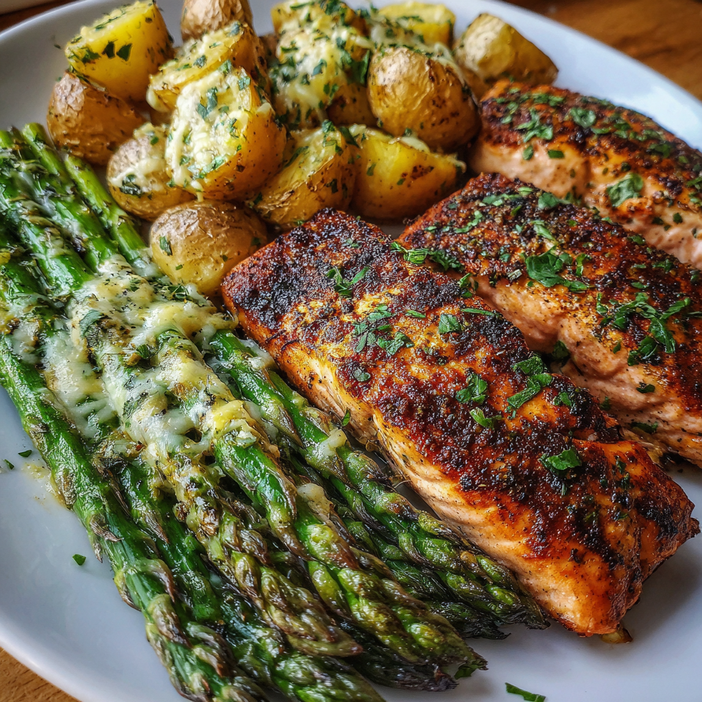 Close-up showing blackened salmon crust, melted cheese on smashed potatoes, grilled asparagus, parsley garnish, lemon wedge