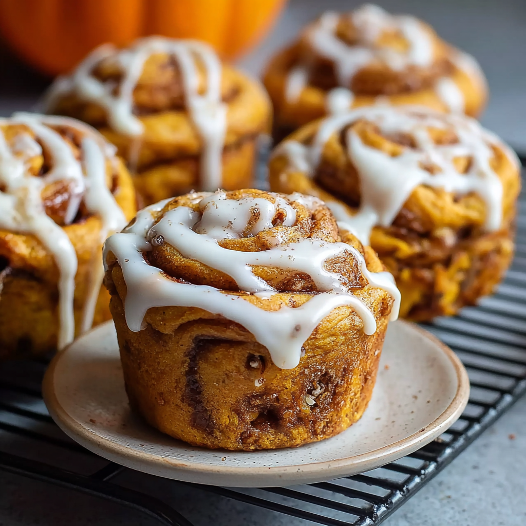 Close-up of muffin split open showing soft pumpkin crumb, dark cinnamon-sugar swirl, cream cheese glaze, fall colors