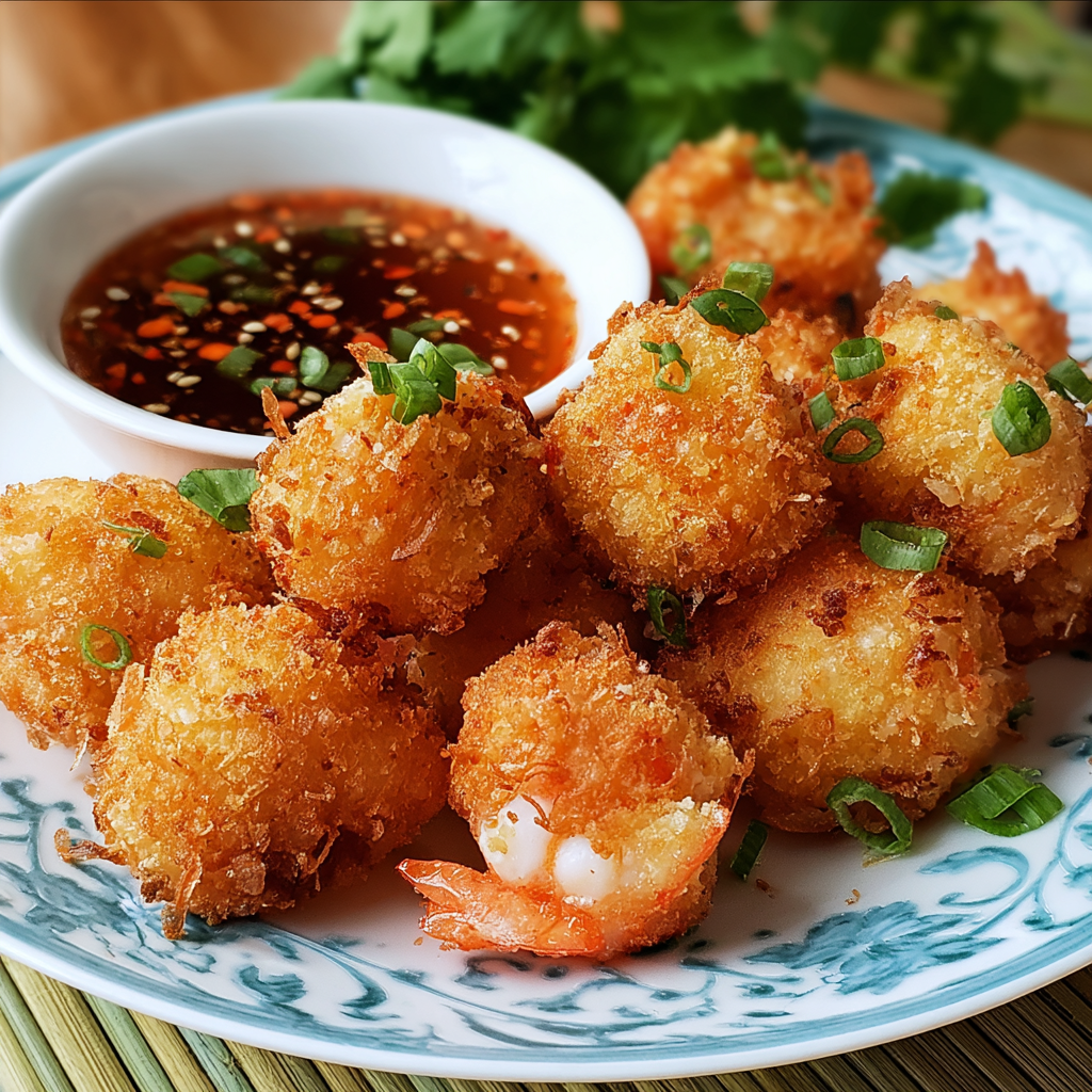 Close-up of crispy shrimp ball cut open showing tender shrimp filling, crunchy panko exterior, glossy chili sauce drizzle, fresh herbs