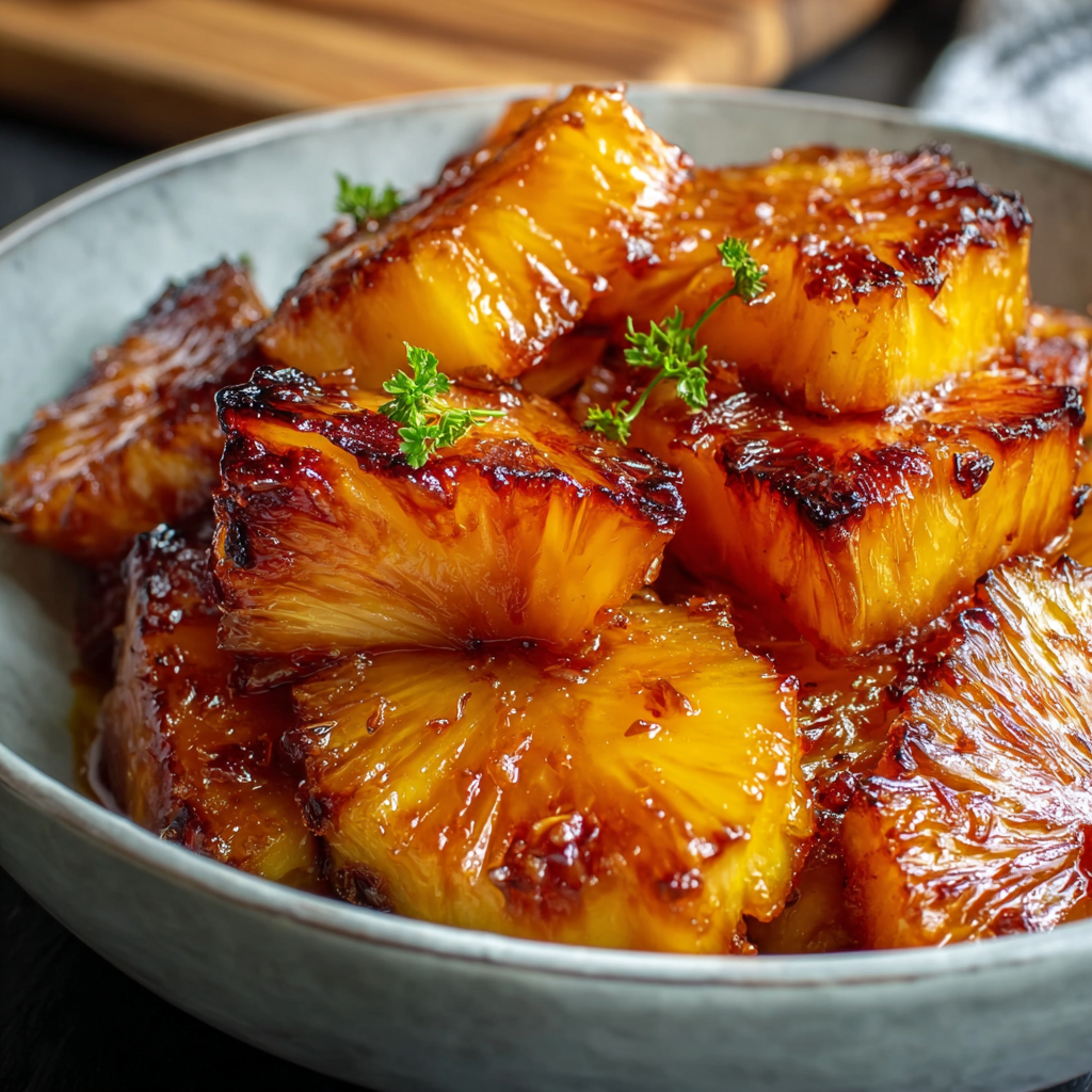 Close-up of caramelized pineapple showing sticky golden glaze, charred edges, crystallized brown sugar, glistening juicy fruit