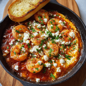 Shrimp saganaki in a cast-iron pan with plump pink shrimp in chunky tomato sauce, melted feta crumbles, fresh oregano, lemon wedge