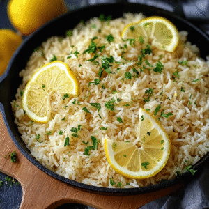 Greek lemon rice in a serving bowl with fluffy yellow rice, fresh dill, lemon zest, lemon wedges, olive oil drizzle