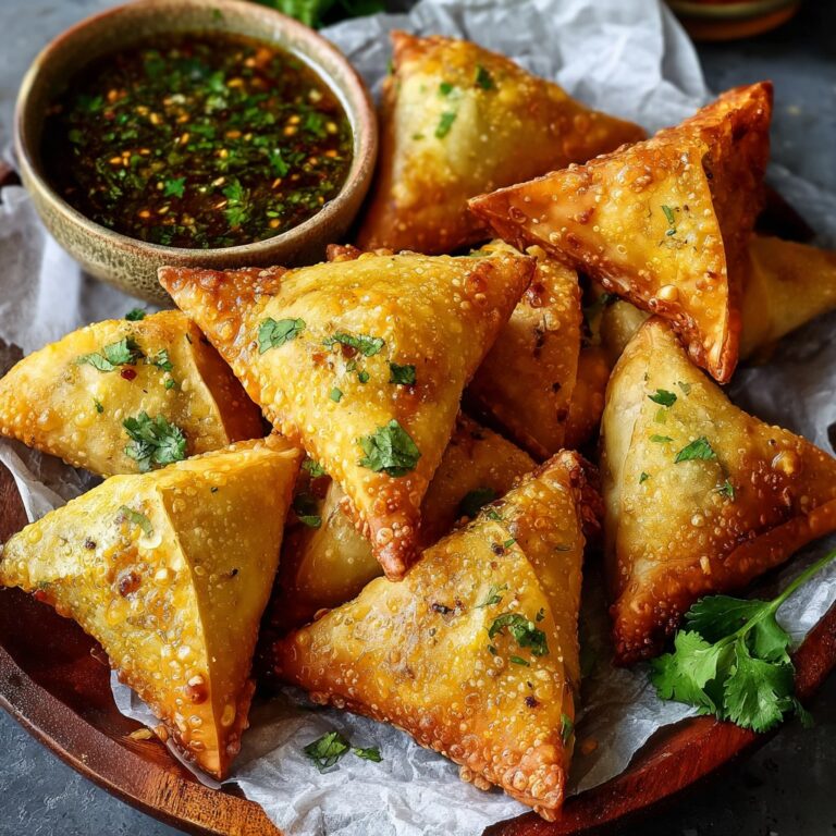 Crispy golden samosas with dipping sauce on a plate, showing flaky pastry triangles filled with spiced potato and peas, served with mint chutney and tamarind sauce