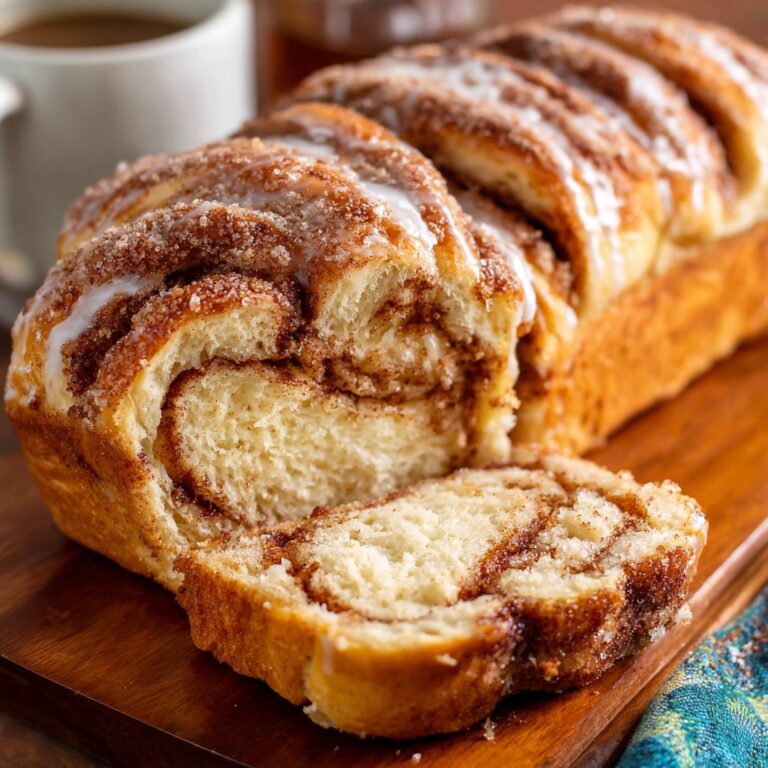 Cinnamon roll bread loaf cut to show soft swirled interior with cinnamon-sugar pattern, cream cheese glaze drizzled on top, golden crust