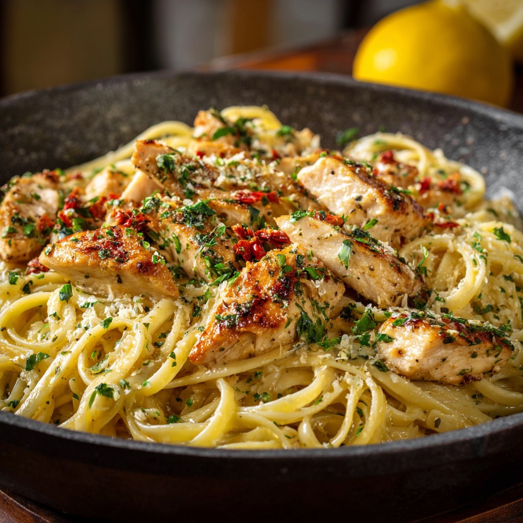 Close-up of chicken alfredo showing silky cream sauce coating linguine, tender chicken pieces, parmesan flakes, herbs