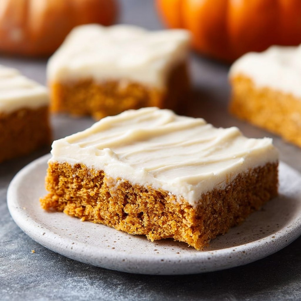 Close-up of one pumpkin bar showing tender moist orange crumb, thick cream cheese frosting layer, fall spices, dusted cinnamon top