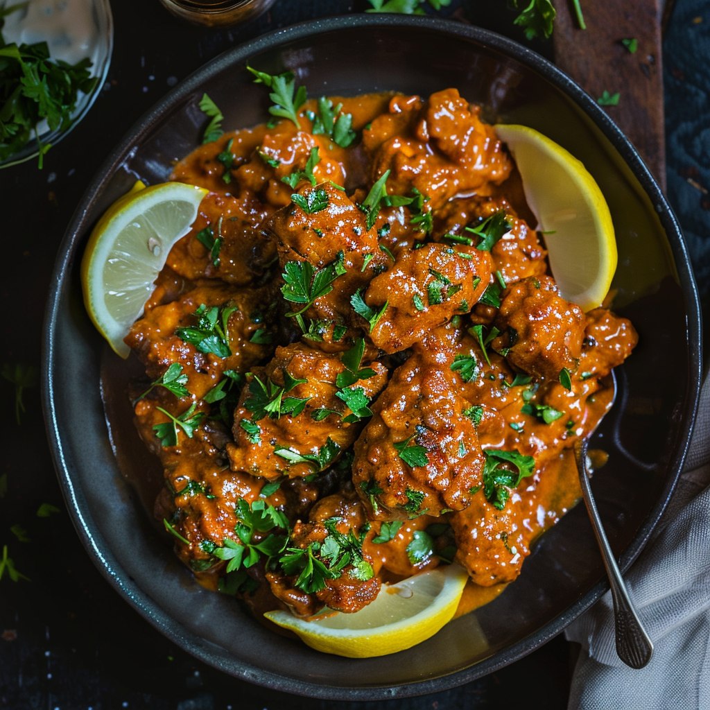 Close-up of butter chicken showing velvety creamy tomato sauce coating juicy marinated chicken, garam masala specks, glistening butter, naan bread