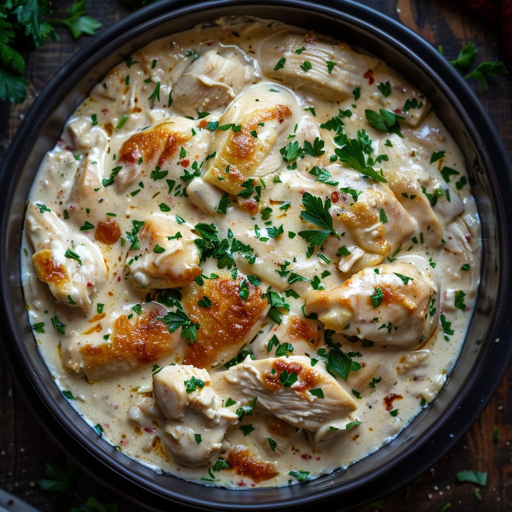 Close-up of creamy chicken and dumplings showing pillowy biscuit dumplings, tender shredded chicken, golden broth, vegetables, steam rising