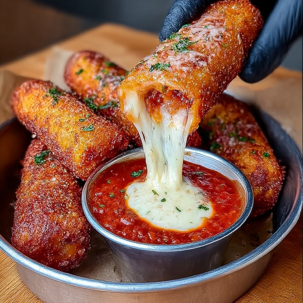 Close-up of mozzarella stick broken open revealing dramatic cheese pull, crunchy seasoned panko coating, herb-flecked marinara dipping sauce