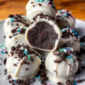 Oreo truffles dipped in white chocolate on parchment paper, glossy white chocolate coating, dark Oreo crumb sprinkles on top, some cut open showing creamy center