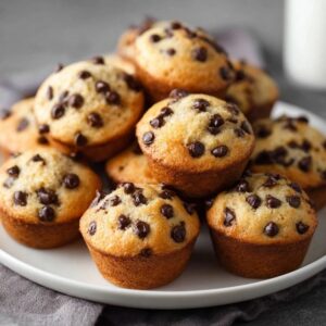 Chocolate chip muffins on a wire rack with tall domed golden tops, chocolate chips peeking through cracks, paper liners, soft tender crumb visible at edge