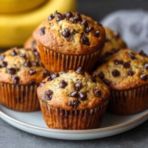 Chocolate chip banana muffins on a wooden board with golden domed tops, brown speckled banana surface, dark chocolate chips visible, ripe bananas in background