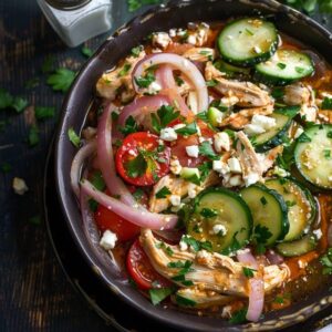 Chicken salad with vegetables in a white serving bowl, chunky shredded chicken mixed with diced celery, carrot, red bell pepper, red onion, all coated in creamy dressing, parsley and chives on top, served on butter lettuce leaves
