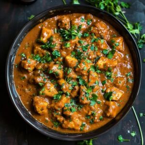 Chicken curry in a copper karahi pan, bone-in chicken pieces in deep orange-red tomato-onion gravy with visible spice flecks, cilantro garnish, basmati rice and naan on the side