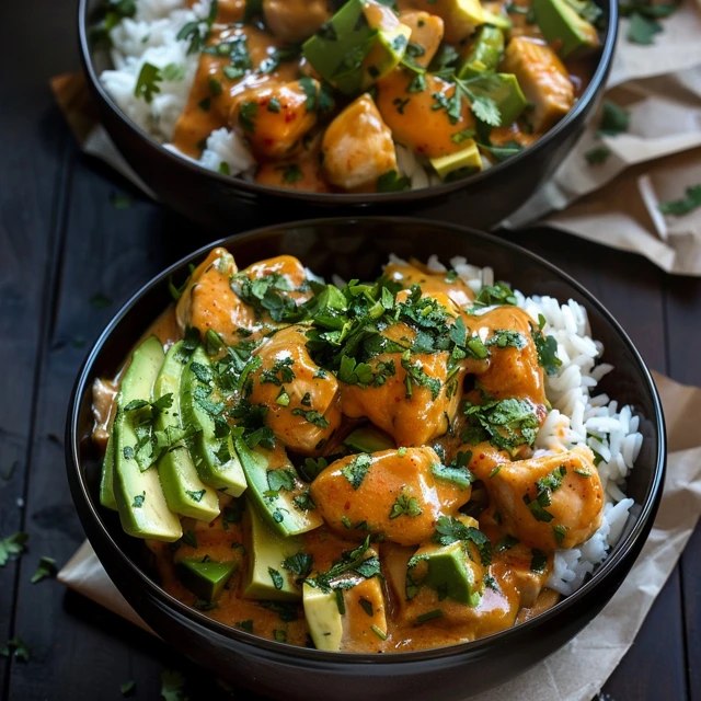 Close-up of chicken avocado rice bowl showing seasoned chicken pieces with charred edges, creamy avocado slices, swirl of orange chipotle sauce, lime juice glistening, cilantro confetti