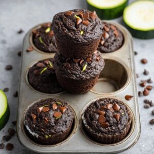 Chocolate zucchini muffins on a cooling rack, dark chocolate-brown muffin tops domed and crackled, melted chocolate chip studs visible, one split open showing moist crumb with green zucchini flecks, sprinkled with extra chocolate chips