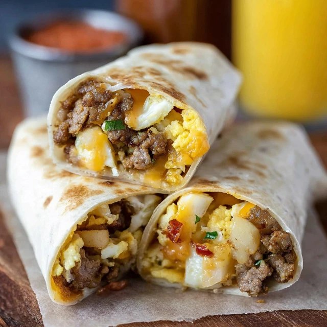 Close-up cross-section of breakfast burrito showing layered filling of yellow scrambled eggs, bacon crumbles, melted cheese pull, golden potato cubes, green chunks of avocado, red salsa drips, warmly toasted tortilla exterior