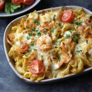 Shrimp pasta bake in a white ceramic baking dish, bubbly golden cheese-browned top revealing pink shrimp peeking through, penne pasta tossed in creamy tomato sauce, fresh basil leaves scattered, garlic bread on the side