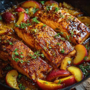 Honey glazed salmon fillets in a cast iron skillet, glossy mahogany honey-soy glaze coating pink salmon with crispy skin, caramelized peach wedges around the fish, sesame seeds and sliced scallions garnishing the top