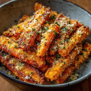Crispy baked parmesan carrots on a sheet pan, whole roasted carrots glistening with garlic butter and golden parmesan crust, charred edges, fresh thyme sprigs and lemon wedges on the side