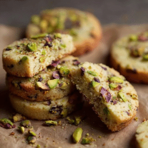 Pistachio shortbread cookies arranged on parchment paper, pale buttery rounds studded with bright green chopped pistachios, sugar-rimmed edges, light golden bottoms, fresh pistachios scattered around