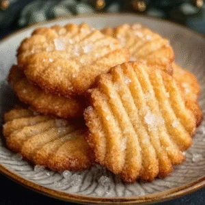Danish butter cookies arranged in a vintage blue tin, golden-yellow piped swirl rosettes and pretzel shapes, pale buttery surface, sandy sugar crystals on top, cookie tin lid lifted to reveal contents