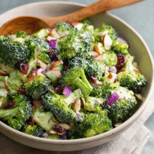 Broccoli salad with almonds in a large white serving bowl, bright green raw broccoli florets coated in creamy ivory dressing, crispy crumbled bacon bits, ruby red cranberries, golden toasted almond slivers, red onion specks