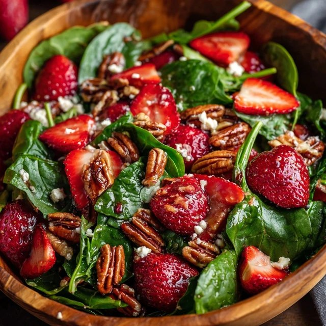 Close-up of strawberry spinach salad showing tender green spinach leaves, juicy fresh strawberry slices, creamy crumbled feta chunks, glossy candied pecan halves, poppy seeds in dressing