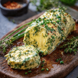 Herb compound butter rolled into a log on parchment paper, soft pale-yellow butter studded with bright green chopped parsley, chives and thyme, garlic specks visible, lemon zest flecks, sliced into rounds on a wooden board