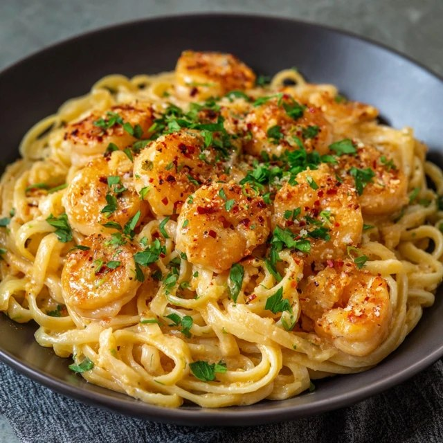Close-up of shrimp linguine showing glistening pasta strands in golden butter sauce, plump curled pink shrimp, minced garlic specks, vivid green parsley flakes, grated parmesan crystals