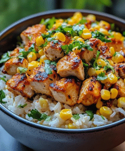 Grilled chicken rice bowl in a wooden bowl, fluffy white jasmine rice base with sliced grilled chicken thighs showing charred grill marks, sliced cucumber rounds, avocado fans, shredded carrots, fresh cilantro, drizzled green herb sauce