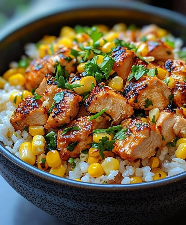 Close-up of grilled chicken rice bowl showing juicy charred chicken slices, fluffy rice grains, bright green cucumber, creamy avocado, vibrant herb sauce drips, sesame seeds garnish