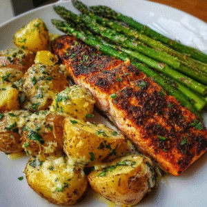 Salmon asparagus garlic potatoes on a sheet pan, pink salmon fillets with lemon slices on top, bright green asparagus spears, golden crispy roasted baby potatoes, garlic cloves scattered, fresh dill sprigs garnish
