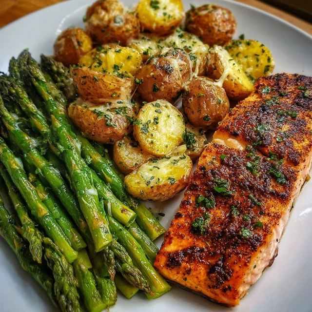 Close-up of sheet pan dinner showing flaky pink salmon with charred lemon, crisp-tender green asparagus, golden-brown roasted potato halves, browned garlic, fresh dill