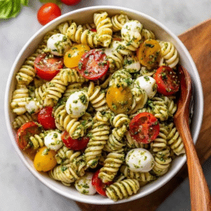 Pesto pasta salad in a large white bowl, twirly rotini pasta coated in vibrant green basil pesto, halved cherry tomatoes, fresh mozzarella balls, black olives, toasted pine nuts, fresh basil leaves on top