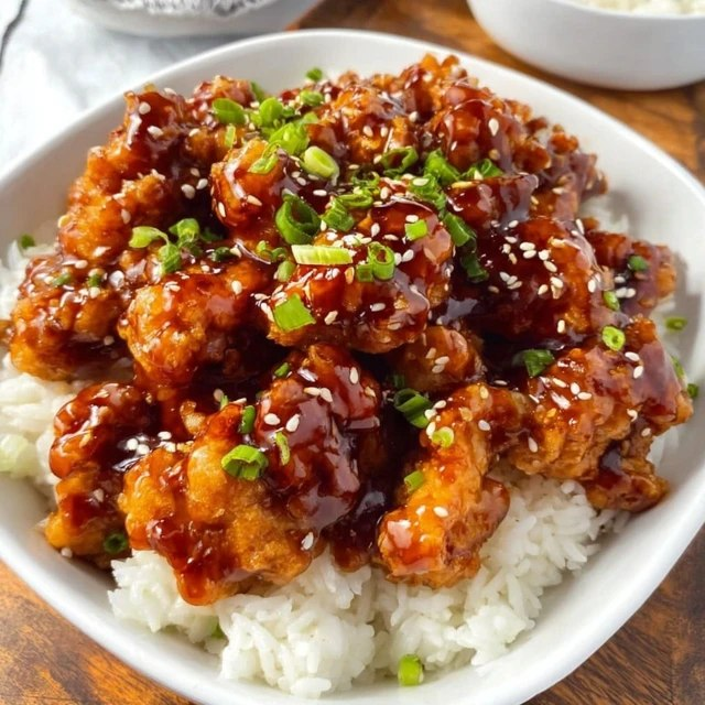 Close-up of general tso's chicken piece showing crispy crackly battered exterior, glossy sticky red-brown glaze coating, tender white chicken visible at break, sesame seed clusters