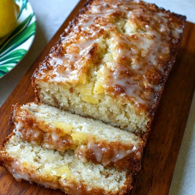 Close-up of lemon pineapple loaf slice showing fluffy moist crumb with visible pineapple pieces, drippy glaze pooling, light yellow color, crystallized sugar edges
